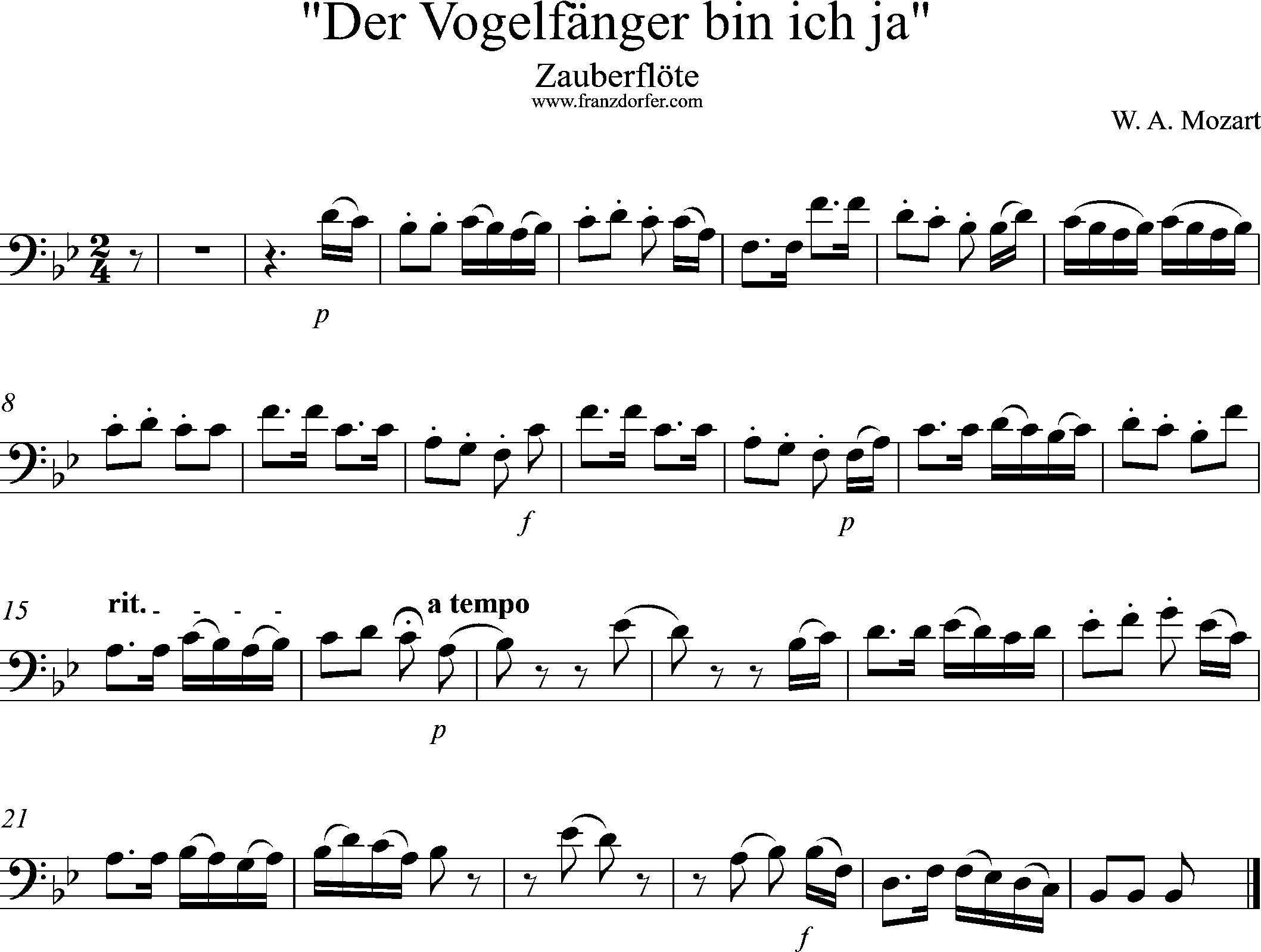 Zauberflöte, Vogelfängerlied, Solostimme, Bassschlüssel, Bb-Dur